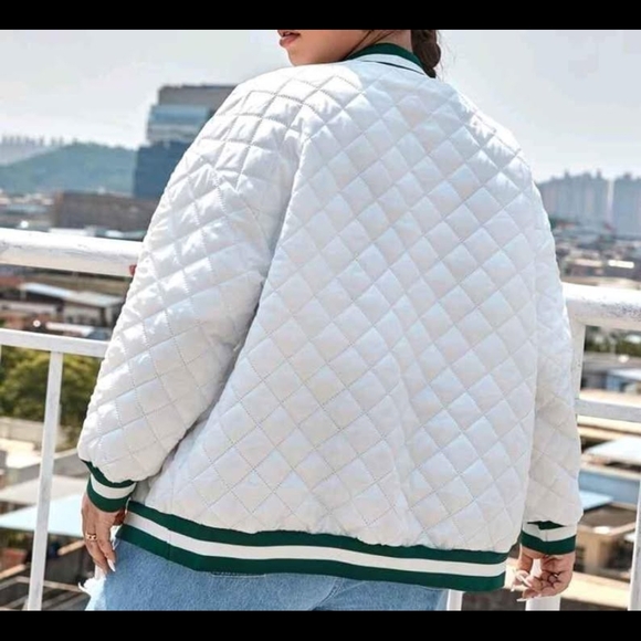 White Quilted Varsity Jacket with Green Accents - Picture 2 of 2